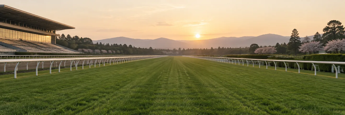 静かな競馬場で、遠くへ続く芝の直線と白いラチのイメージ